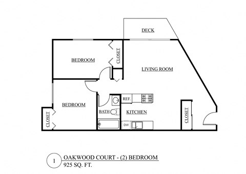 Floor plan for 2 beds, 1 bath, 925 sqft